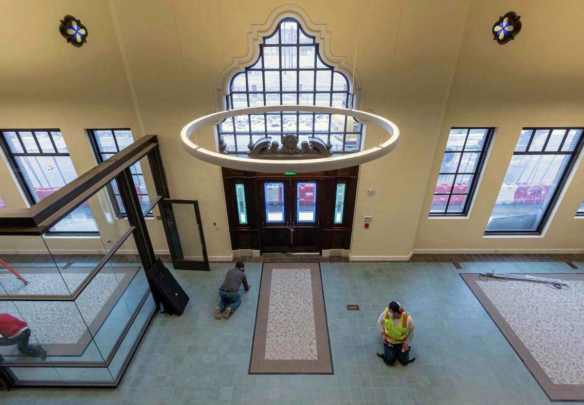 The front lobby of the Light building is seen Wednesday, Feb. 17, 2021 as renovation by Graystreet Partners nears completion.