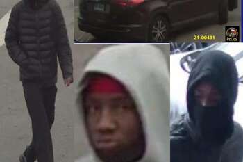 Police are seeking information on three suspects and a stolen car involved in a strong-arm robbery in Greenwich on Feb. 14.