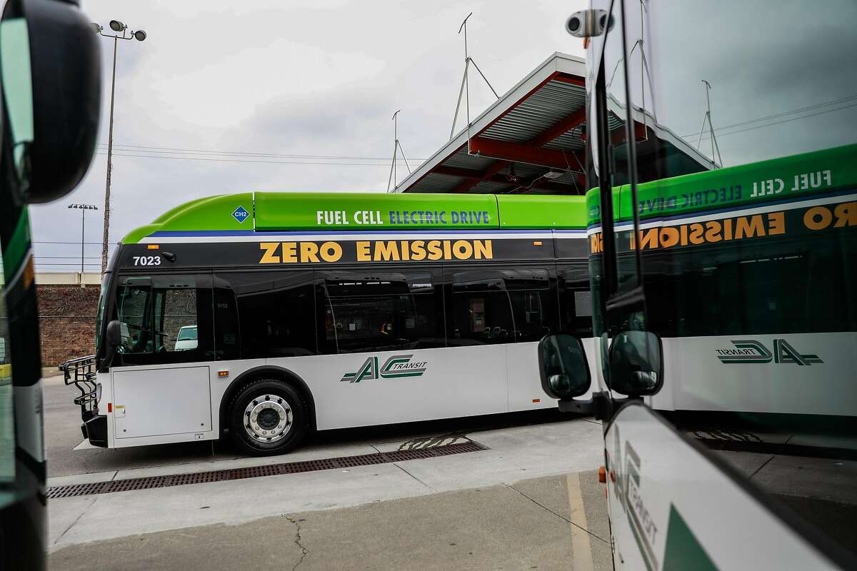 An AC Transit bus that uses hydrogen fuel sits in the bus yard in Emeryville. State Sen. Nancy Skinner has proposed a bill that would require the state to designate hydrogen as a priority for its green-energy investments. A spokesperson said AC Transit is in the process of finding hydrogen from green sources to fuel its buses.