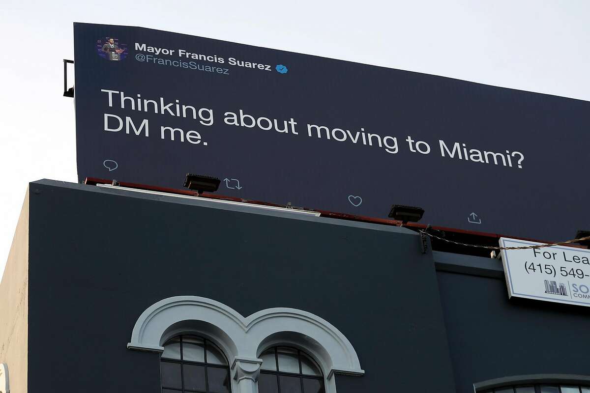 Billboard on Brannan Street encouraging SF residents to move to Miami in San Francisco, Calif., on Thursday, February 18, 2021.