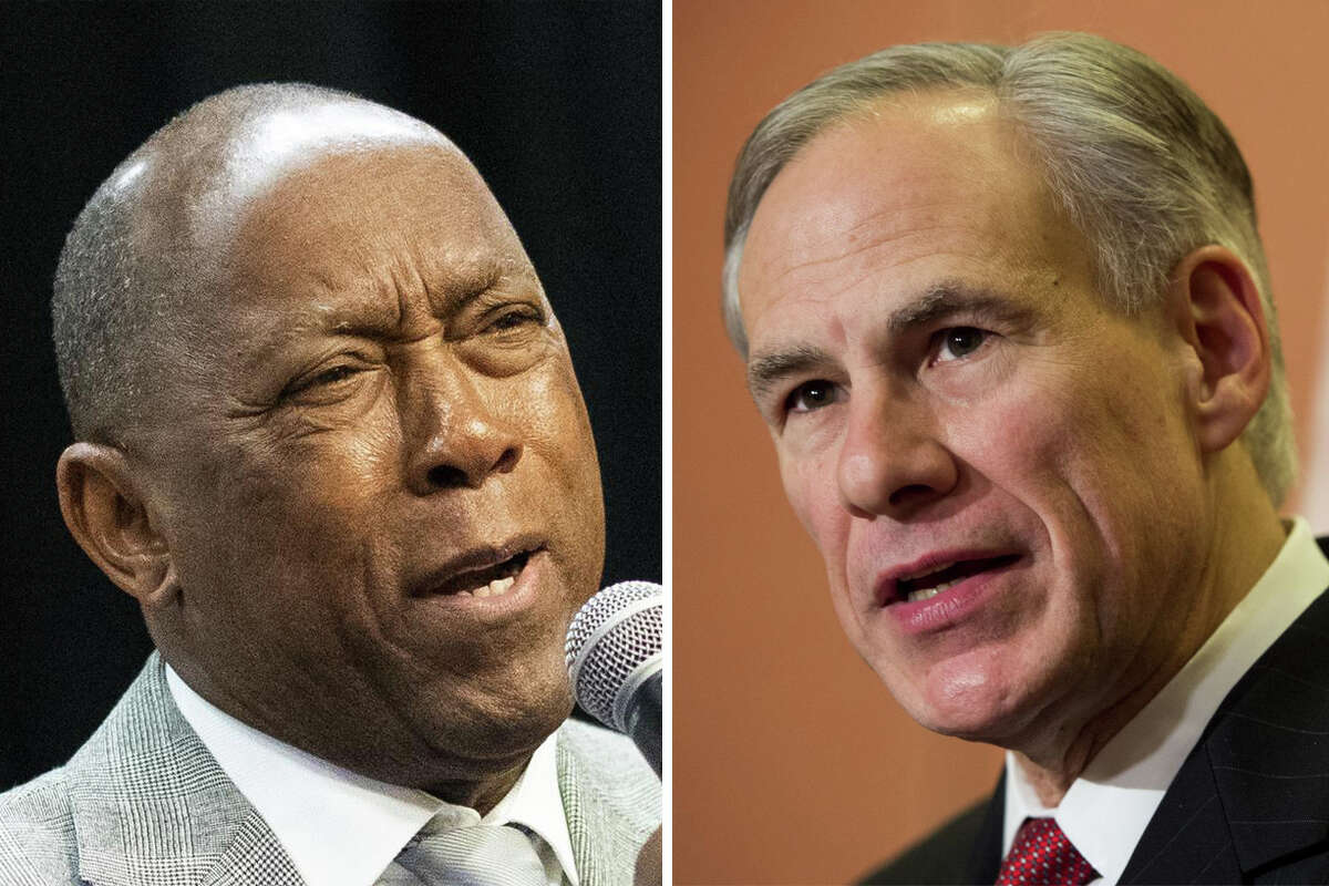 Houston Mayor Sylvester Turner (left) and Texas Gov. Greg Abbott are pictured together in this composite photo.