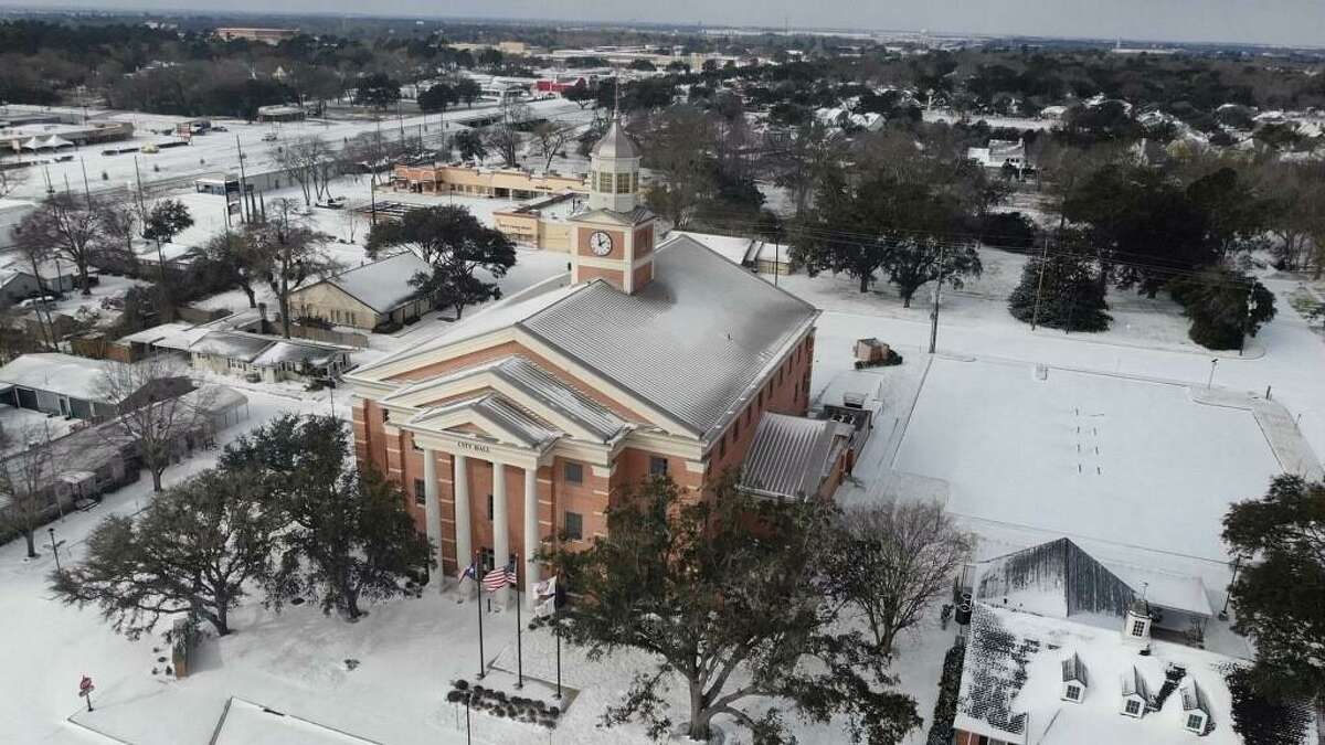This photograph shows Katy city hall covered in snow on Wednesday, Feb. 17, 2021.