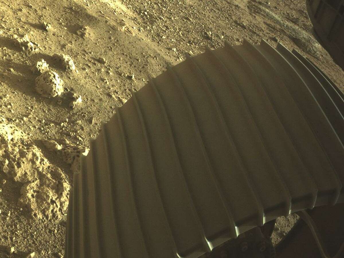 This high-resolution image shows one of the six wheels aboard NASA’s Perseverance Mars rover, which landed on Feb. 18, 2021. The image was taken by one of Perseverance’s color Hazard Cameras (Hazcams).