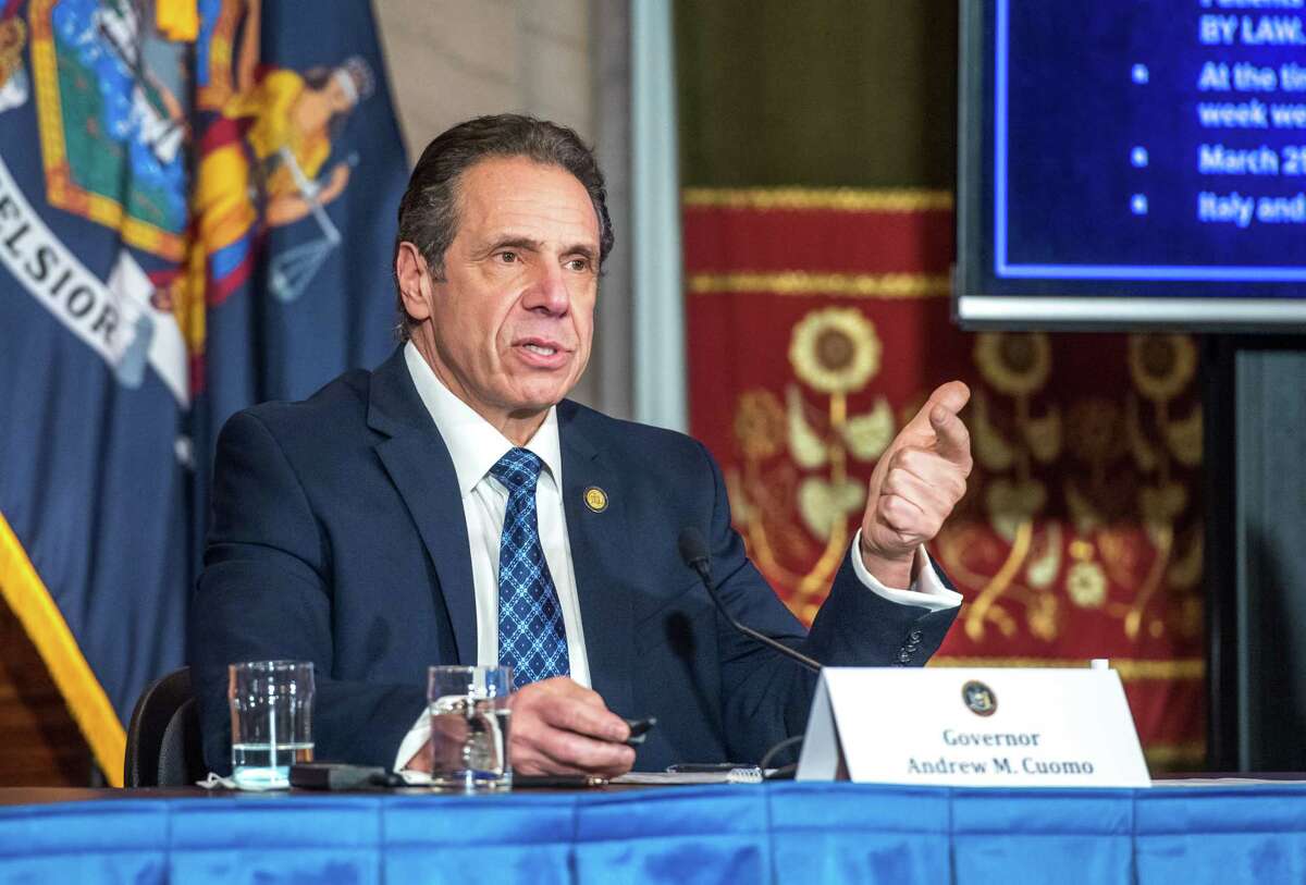 Gov. Andrew Cuomo holds a coronavirus press briefing on Feb. 15, 2021, at the Capitol in Albany, N.Y. (Office of the Governor)