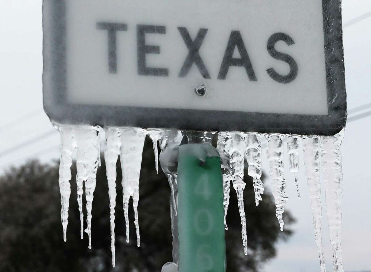 Icicles hang off a Texas 195 sign Thursday in Killeen. Winter storm Uri brought historic cold and power outages to Texas.