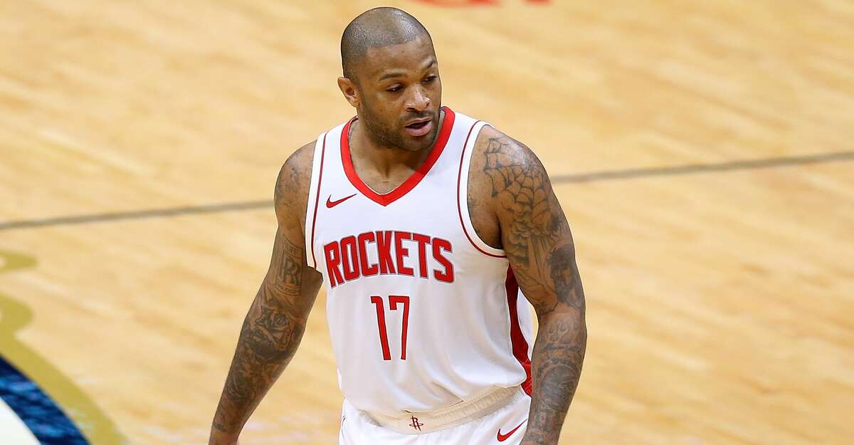 P.J. Tucker #17 of the Houston Rockets reacts against the New Orleans Pelicans during the first half at the Smoothie King Center on February 09, 2021 in New Orleans, Louisiana. (Photo by Jonathan Bachman/Getty Images)