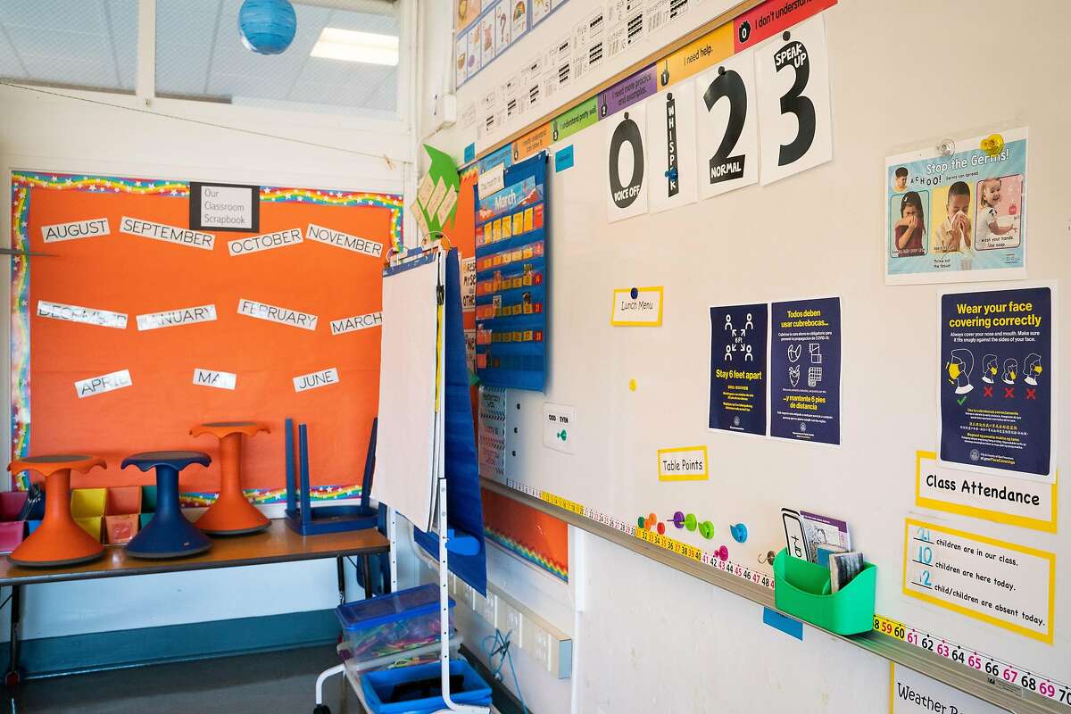 Precautionary health signs are displayed in a first grade classroom before students return for in-person learning at Sunset Elementary School in San Francisco, Feb. 17, 2021.