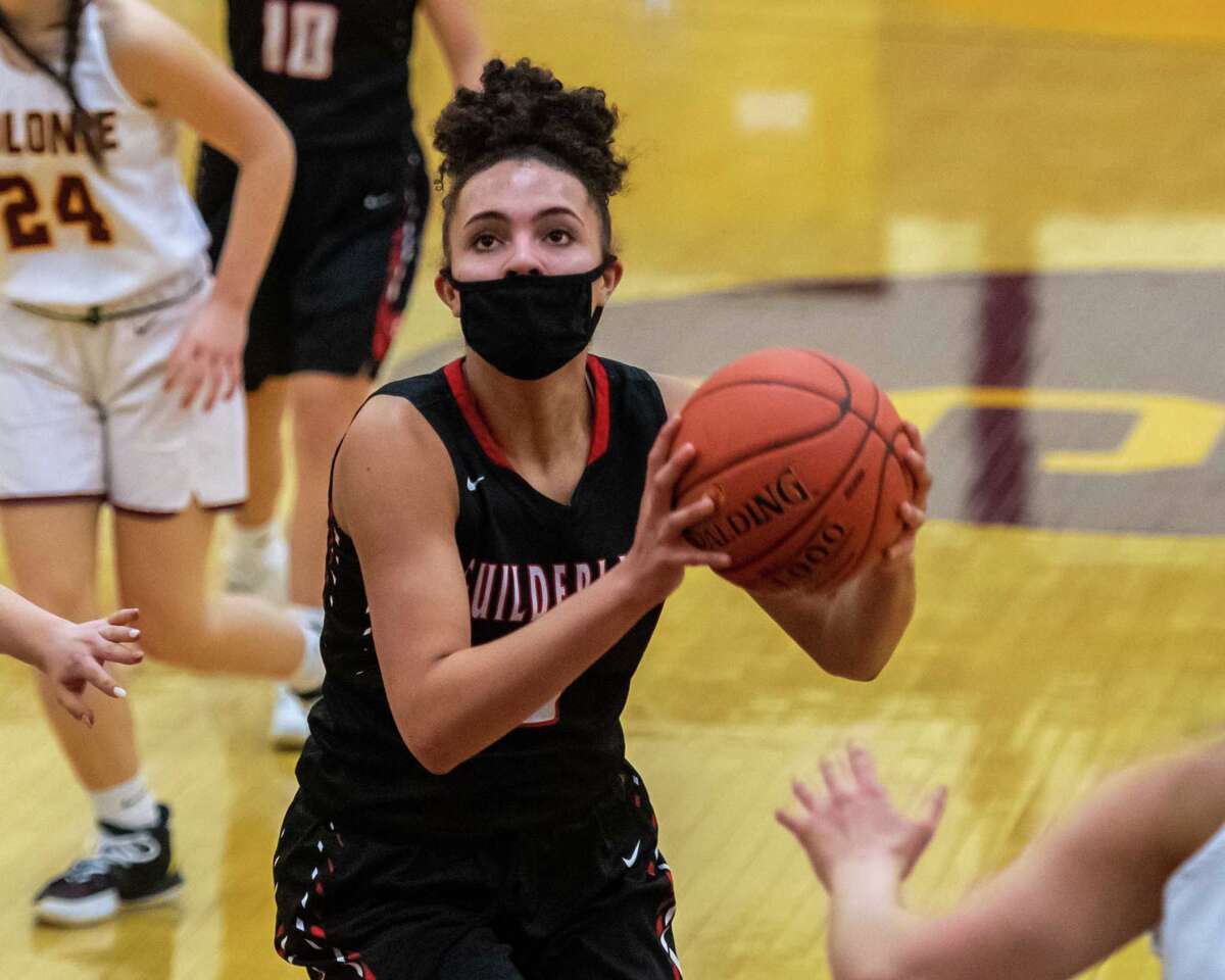 Guilderland senior Valencia Fontenelle Posson takes a jump shot during a Suburban Council matchup against Colonie at Colonie High School in Colonie, NY, on Saturday, Feb. 20, 2021 (Jim Franco/special to the Times Union.)