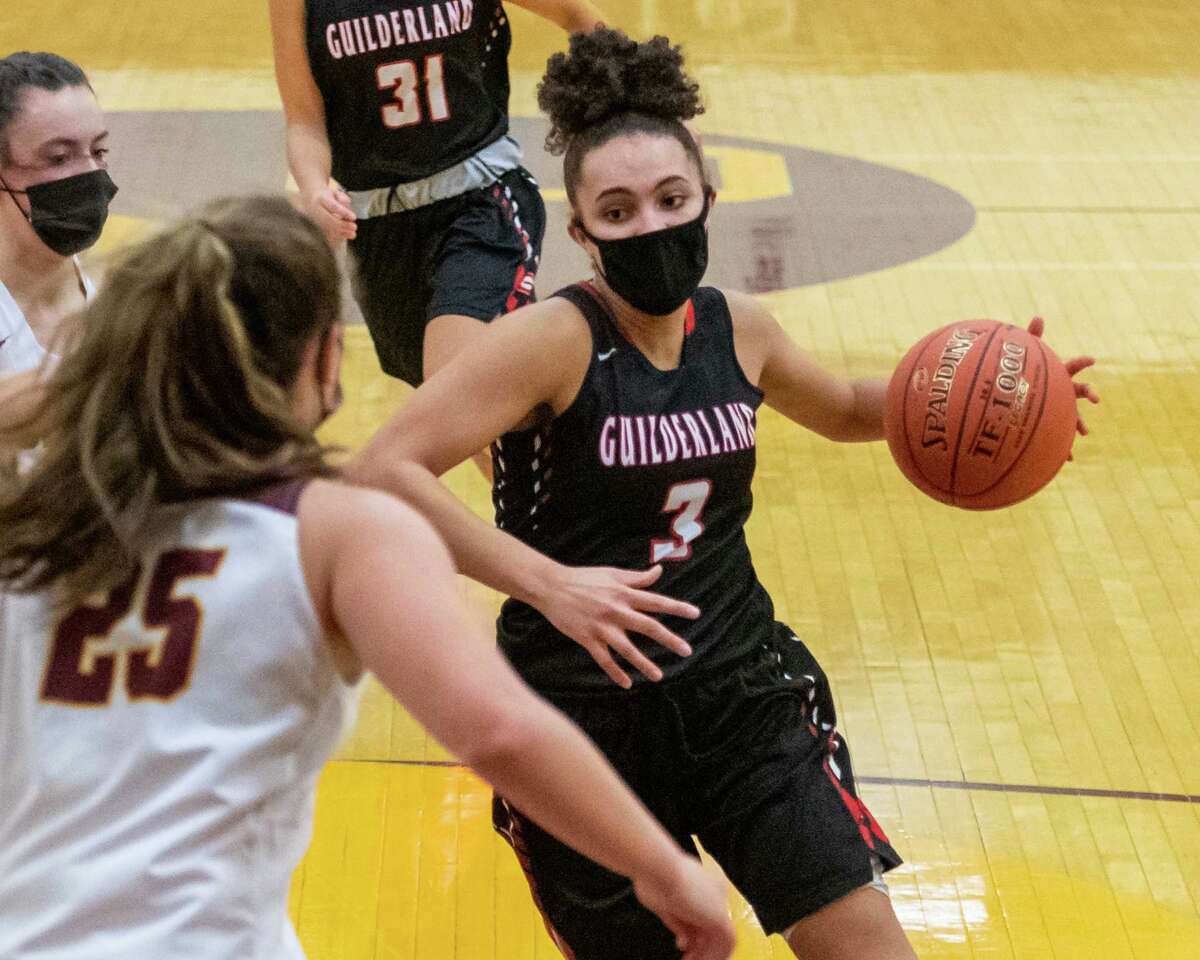Guilderland senior Valencia Fontenelle Posson drives to the basket during a Suburban Council matchup against Colonie at Colonie High School in Colonie, NY, on Saturday, Feb. 20, 2021 (Jim Franco/special to the Times Union.)