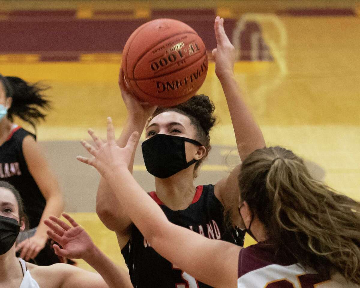 Guilderland senior Valencia Fontenelle Posson drives to the basket during a Suburban Council matchup against Colonie at Colonie High School in Colonie, NY, on Saturday, Feb. 20, 2021 (Jim Franco/special to the Times Union.)