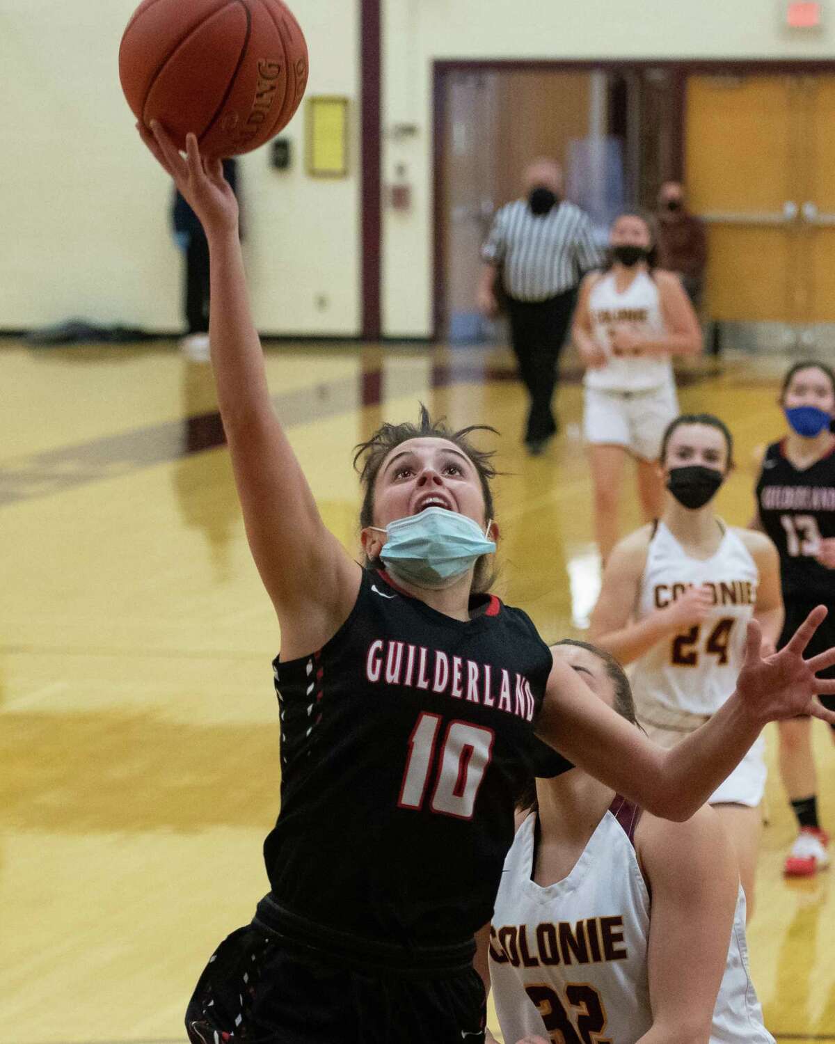 Guilderland junior Isabella Gitto drives to the basket during a Suburban Council matchup against Colonie at Colonie High School in Colonie, NY, on Saturday, Feb. 20, 2021 (Jim Franco/special to the Times Union.)
