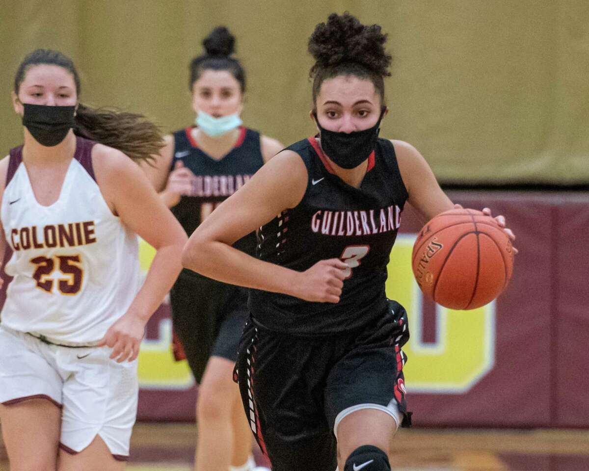 Guilderland senior Valencia Fontenelle Posson on a fast break during a Suburban Council matchup against Colonie at Colonie High School in Colonie, NY, on Saturday, Feb. 20, 2021 (Jim Franco/special to the Times Union.)