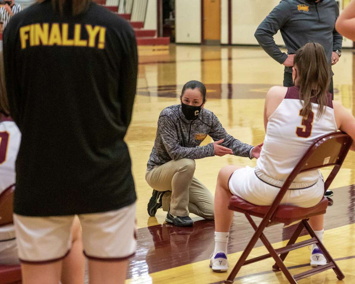 Colonie girls basketball coach Heather Dibiase talks to her team during halftime of a Suburban Council matchup against Guilderland at Colonie on Saturday, Feb. 21, 2021 (Jim Franco/special to the Times Union.)