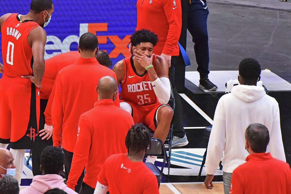 Christian Wood of the Rockets reacts after his ankle injury during the second half on the road against the Memphis Grizzlies at FedExForum on Feb. 4.