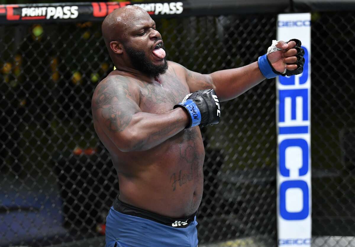 Derrick Lewis reacts after his knockout victory over Curtis Blaydes in a heavyweight bout during UFC Fight Night on February 20, 2021 in Las Vegas, Nevada. 