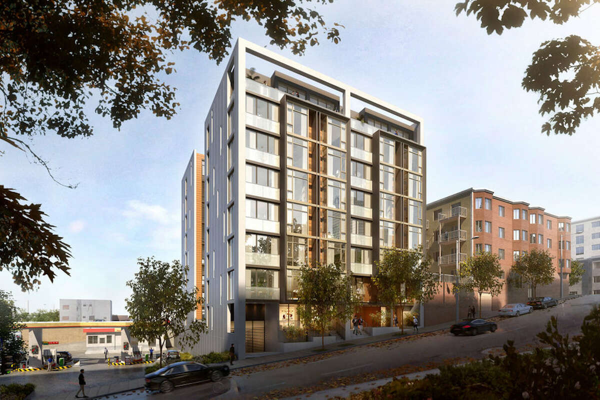 Renderings of the proposed apartment building at 807 Franklin Street. It will feature 48 new units of rental housing in an eight-story concrete structure. Sixty-four percent of the units will be two and three bedrooms, suitable for family living.
