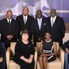 The West Orange - Cove CISD "Team of Eight" is comprised of School Trustees and Superintendent Dr. Rickie Harris. They are: (seated) Gina Simar, Ruth Hancock, Linda Platt-Bryant, Tricia Stroud, (standing) Roderick Robertson, Tommy Wilson Sr., Dr. Rickie Harris, and Demetrius Hunter.