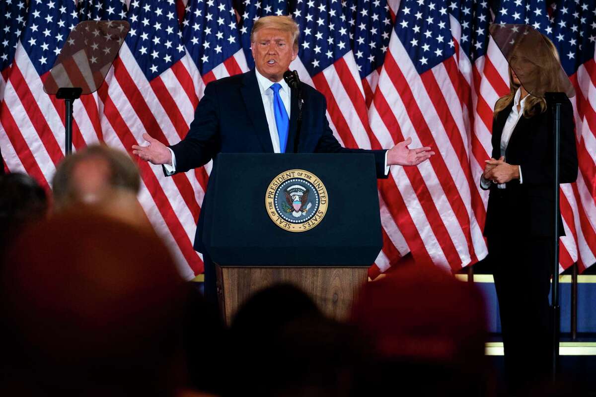 President Donald Trump speaks during an election night event in the East Room of the White House in Washington.