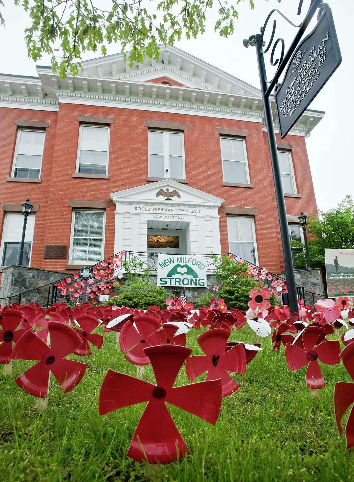 Poppies decorate Town Hall for New Milford's Memorial Day Service. Monday, May 25, 2020