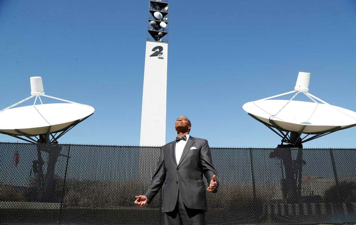 KPRC Meteorologist Khambrell Marshall enjoys the feel of sunshine on his face outside of the station, in Houston, Friday, February 19, 2021. Story on on how he and other meteorologists fared this week and, more broadly, how years of prolonged/unpredictable disasters have affected their work. after a winter storm left people without power and water along with freezing temperatures.