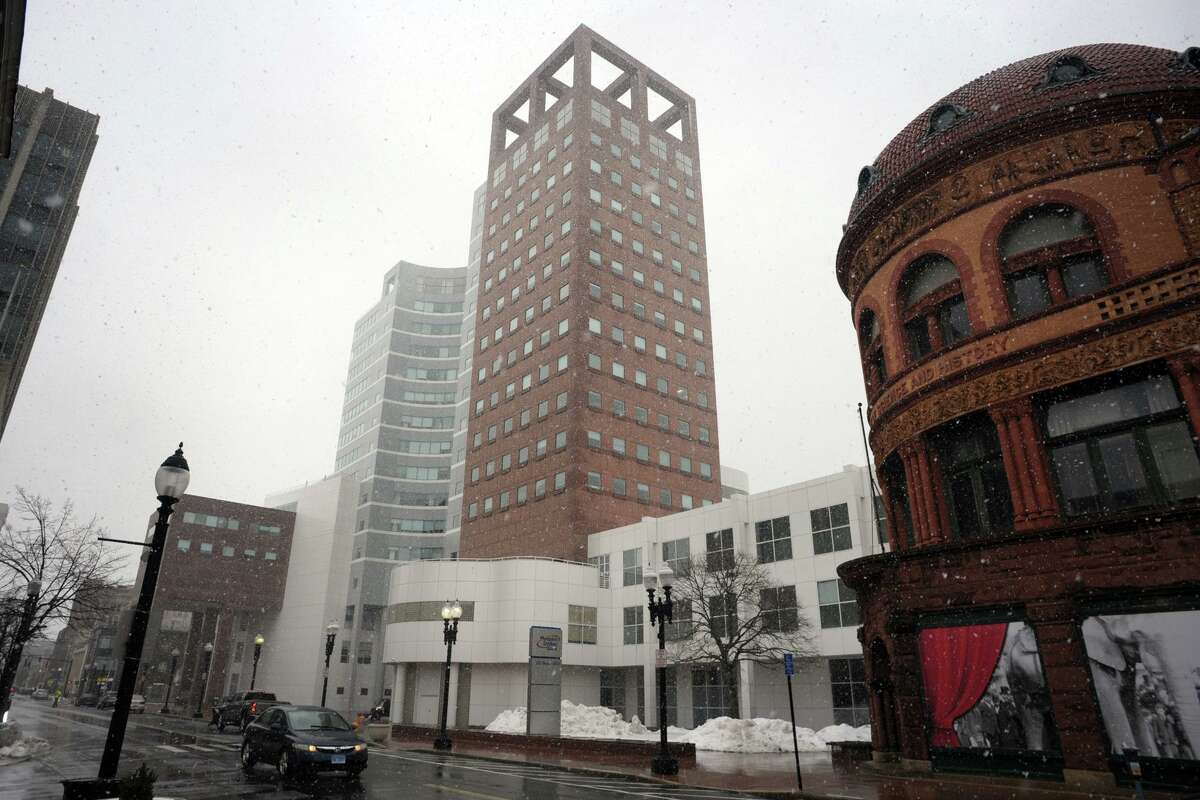 The People’s United Bank headquarters in downtown Bridgeport, Conn. Feb. 22, 2021.