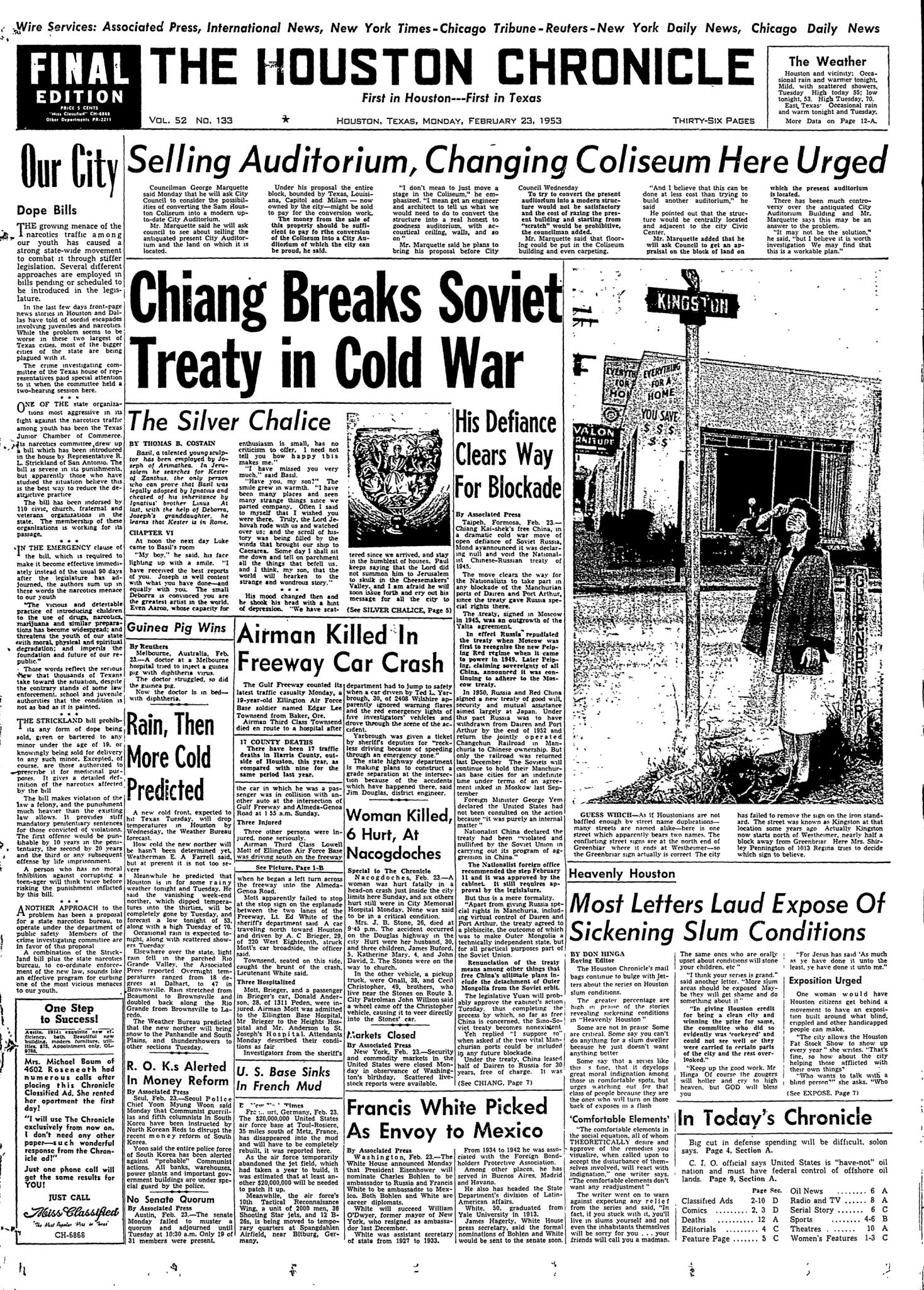 Houston Chronicle Page One Feb. 23, 1953