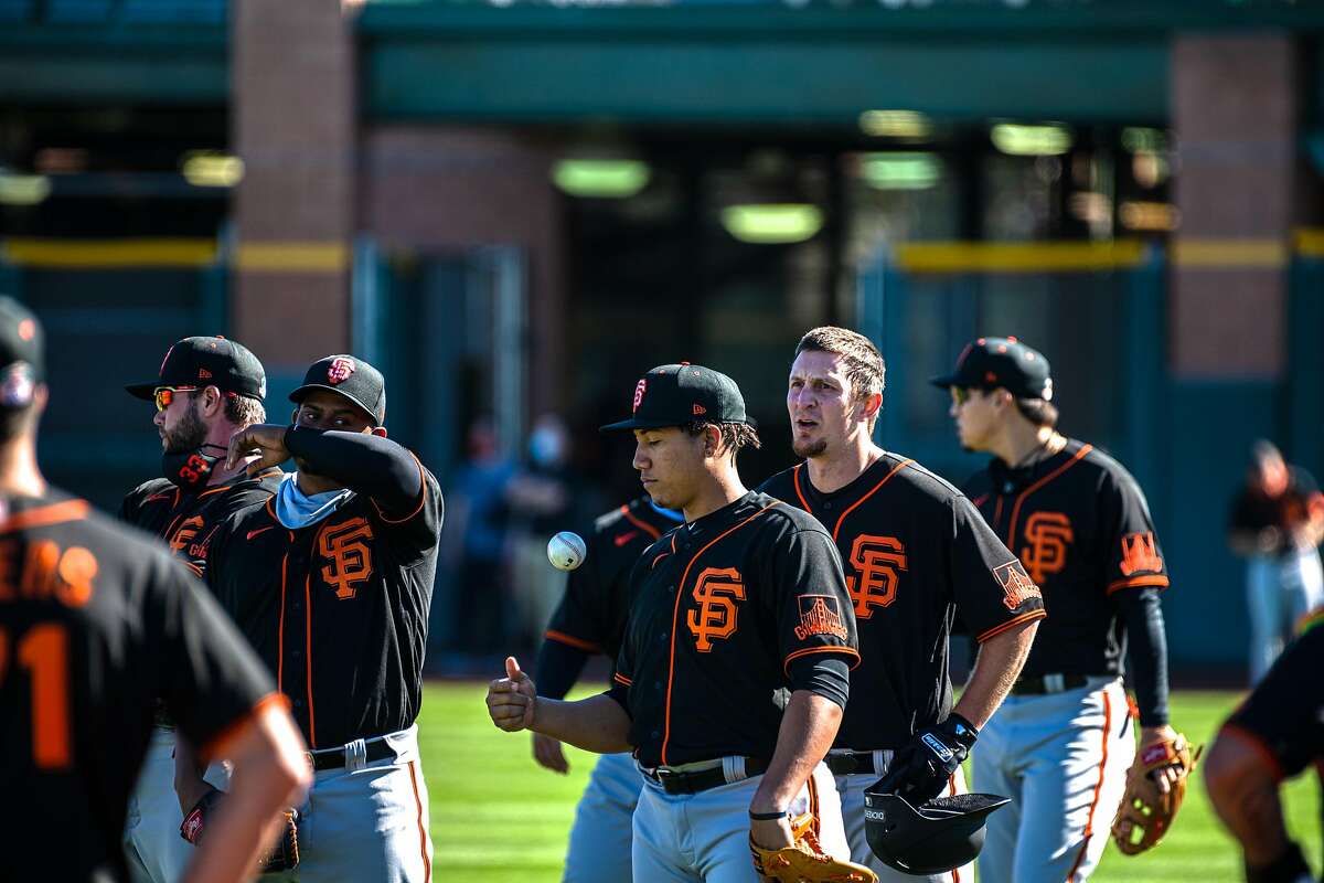 San Francisco Giants practice at Scottsdale stadium before opening day of Spring Training in the Cactus League, on Monday, Feb. 22, 2021, in Scottsdale, Ariz..
