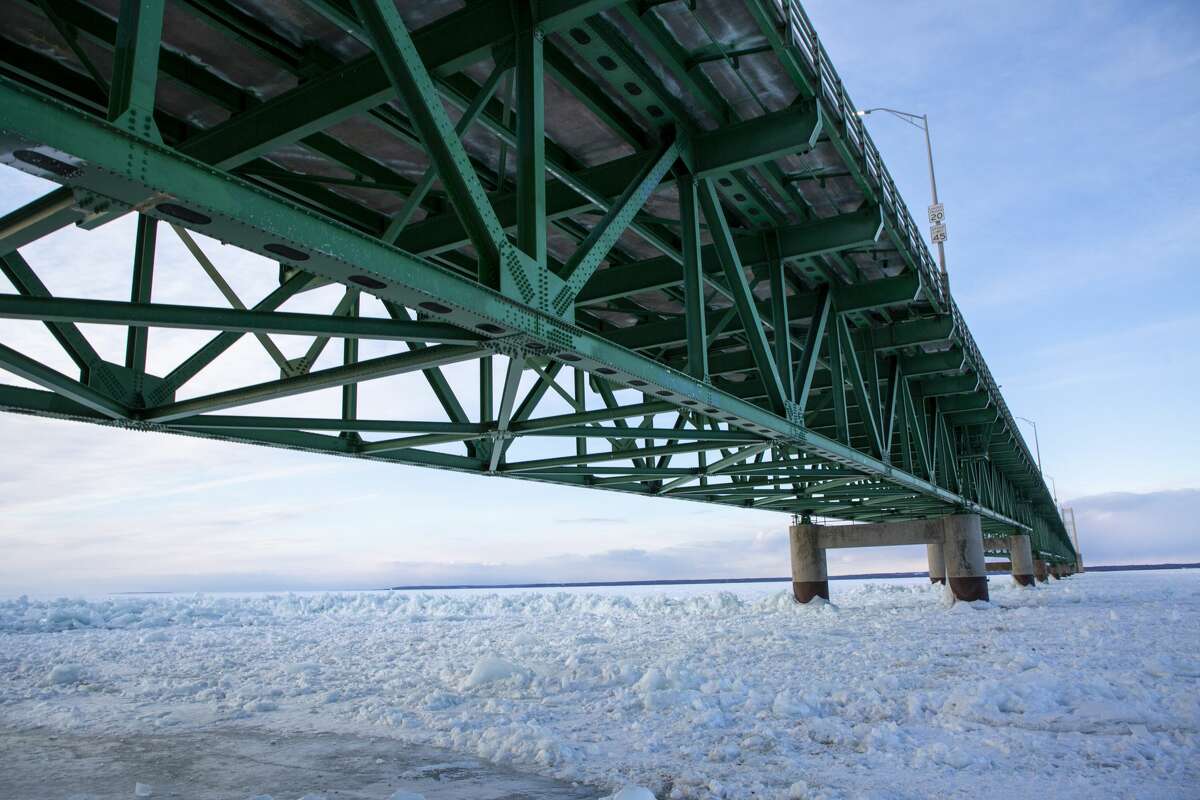 Blue ice piles up on Lake Huron near the Mackinac Bridge Friday, Feb. 19, 2021 in Mackinaw City. (Doug Julian/for the Daily News)