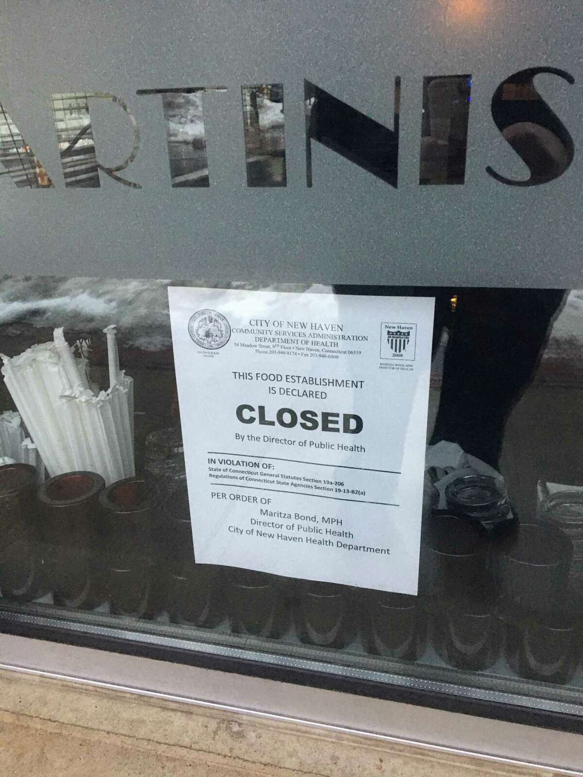 New Haven Health Department closure notices have been posted on the doors of Jack's Steakhouse, site of three suspected drug overdoses on Feb. 15, two of which were fatal. The restaurant was ordered closed until it submits and the city approves a corrective action plan, and official said.