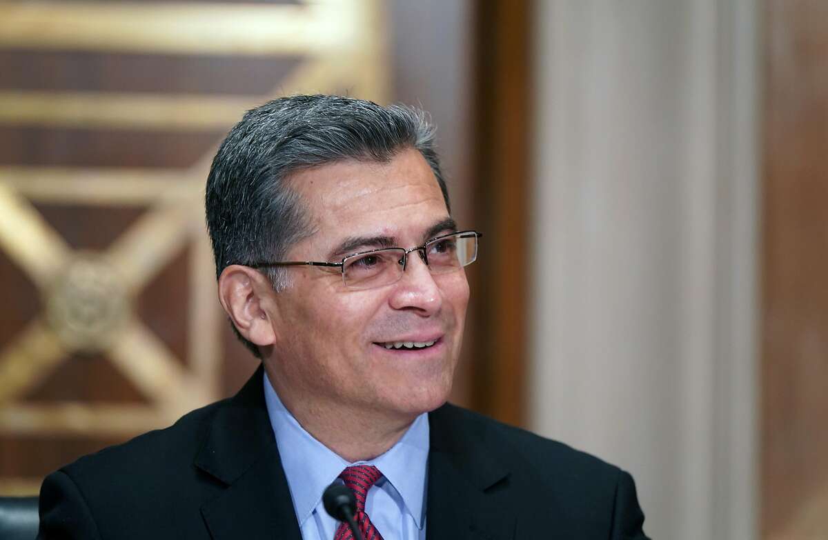 California Attorney General Xavier Becerra, President Biden’s nominee for secretary of Health and Human Services, testifies at his confirmation hearing before the Senate Health, Education, Labor and Pensions Committee on Tuesday.