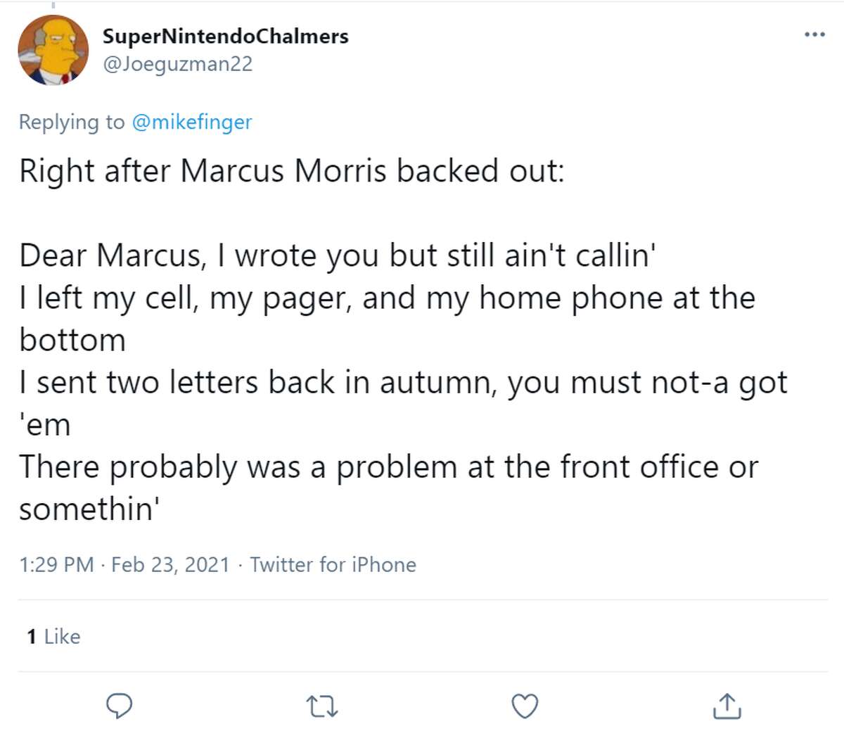 @Joeguzman22: Right after Marcus Morris backed out: Dear Marcus, I wrote you but still ain't callin'I left my cell, my pager, and my home phone at the bottomI sent two letters back in autumn, you must not-a got 'emThere probably was a problem at the front office or somethin'