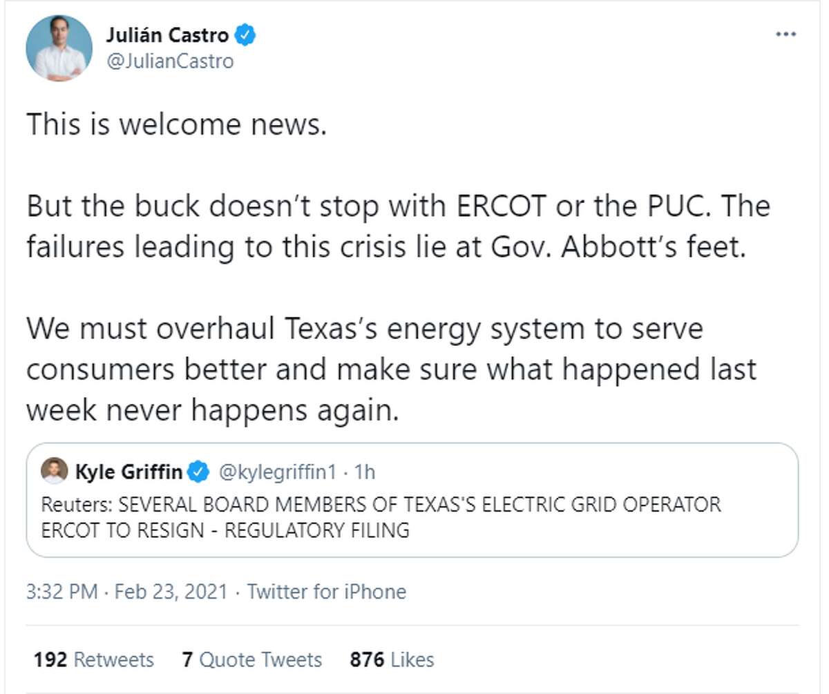 @JulianCastro said: "This is welcome news.  But the buck doesn’t stop with ERCOT or the PUC. The failures leading to this crisis lie at Gov. Abbott’s feet. We must overhaul Texas’s energy system to serve consumers better and make sure what happened last week never happens again."