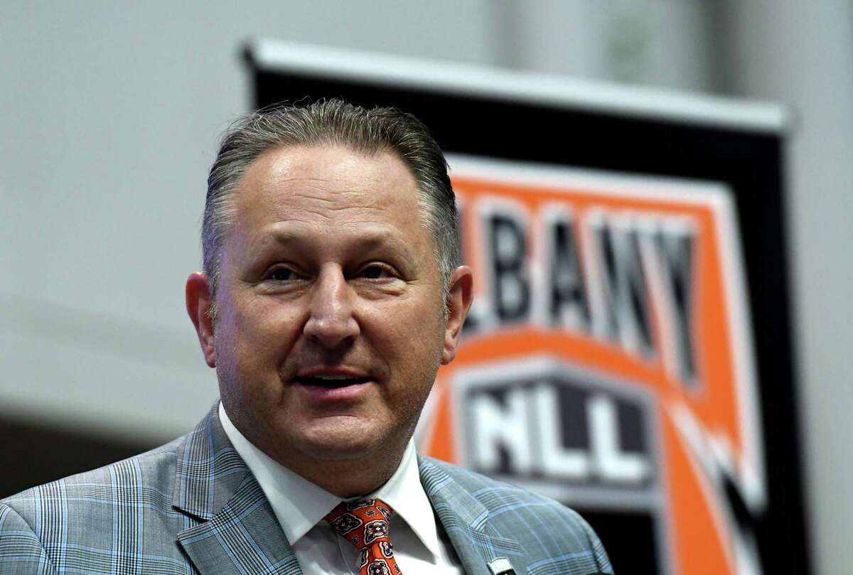 National Lacrosse League commissioner Nick Sakiewicz introduced the Albany FireWolves on Feb. 23. He's leaving the league for opportunities. (Will Waldron/Times Union)