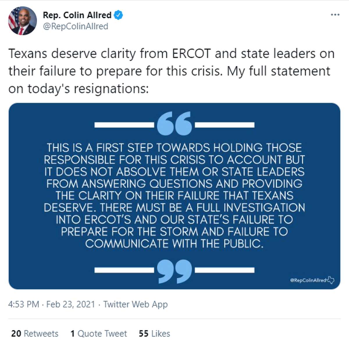 @RepColinAllred: "Texans deserve clarity from ERCOT and state leaders on their failure to prepare for this crisis."