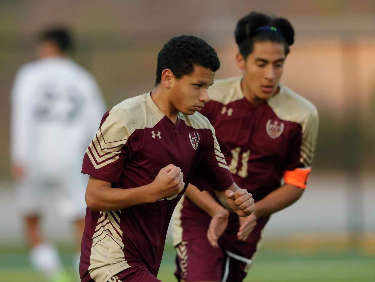 FILE — Magnolia West midfielder Jafet Ramirez (10) reacts after scoring a goal in the second period of a high school soccer match during the Kily Cup at Woodforest Bank Stadium, Friday, Jan. 3, 2020, in Shenandoah.