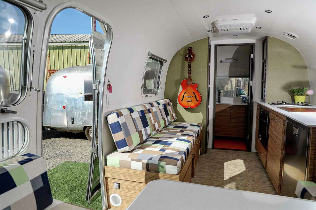 An interior view of a refurbished Airstream camper at So Cal Vintage Trailer.