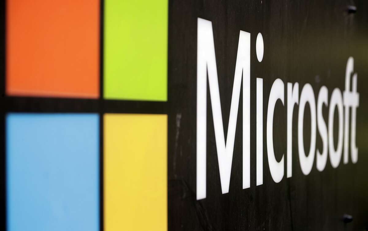 In this Wednesday, February 3, 2021, file photo, the Microsoft company logo is displayed at its offices in Sydney.