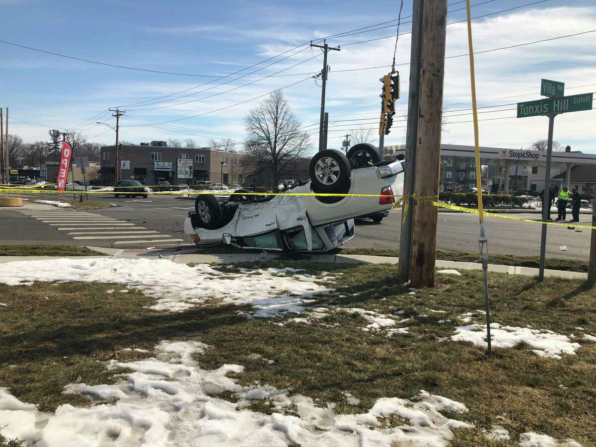 A crash at the intersection of Tunxis Hill Road and Villa Avenue in Fairfield, Conn., on Wednesday, Feb. 24, 2021.