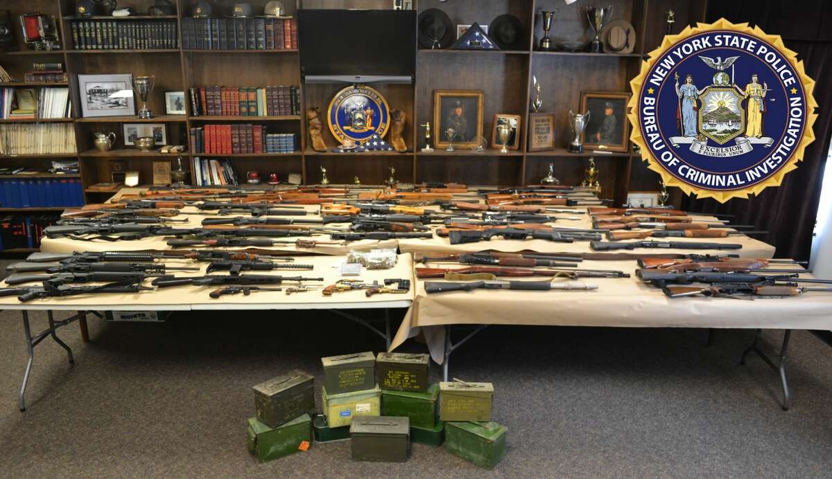 A Columbia County man faces  felony charges after a raid of his Austerlitz home by State Police on Tuesday, Feb. 23, 2021 discovered 59 illegally possessed firearms, including 16 illegal assault rifles and two handguns.