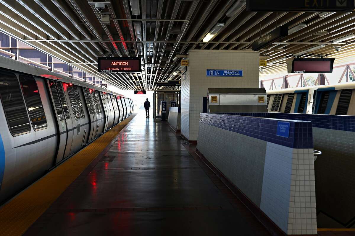The MacArthur BART Station is nearly empty on a Thursday morning in April. Ridership on the transit system has plunged during the coronavirus pandemic.