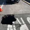 A sink hole developed on I-280 northbound off-ramp at Sixth Street in San Francisco on Feb. 25, 2021.