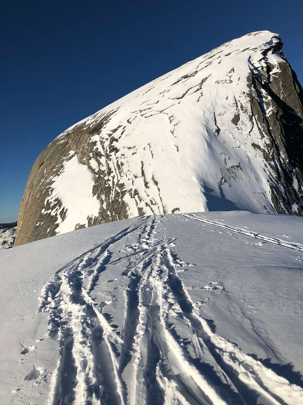 A look up Half Dome partway through the ski descent.