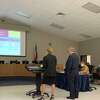 Beaumont administrators Anita Frank and Randall Maxwell present the district's annual report at a public hearing on Thursday, Feb. 25, 2021. Photo by Isaac Windes / Beaumont Enterprise