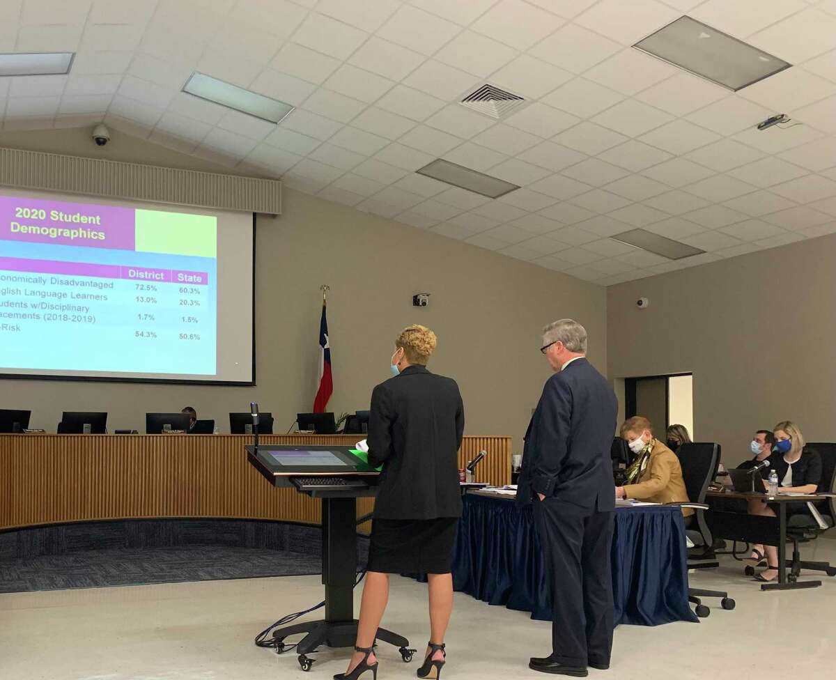Beaumont administrators Anita Frank and Randall Maxwell present the district's annual report at a public hearing on Thursday, Feb. 25, 2021. Photo by Isaac Windes / Beaumont Enterprise