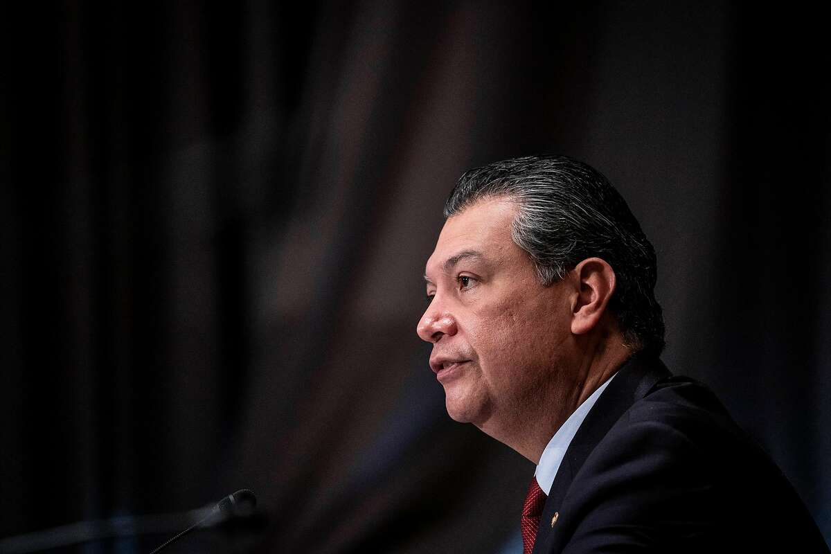 Sen. Alex Padilla, D-Calif., delivers a statement in support of Xavier Becerra, nominee for secretary of Health and Human Services, at his confirmation hearing before the Senate Health, Education, Labor and Pensions Committee on Feb. 23, 2021, in Washington, D.C.