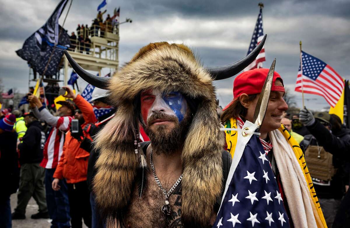 Jacob Anthony Angeli Chansley, known as the QAnon Shaman, is seen at the Capital riots on January 6, 2021. (Brent Stirton/Getty Images/TNS)