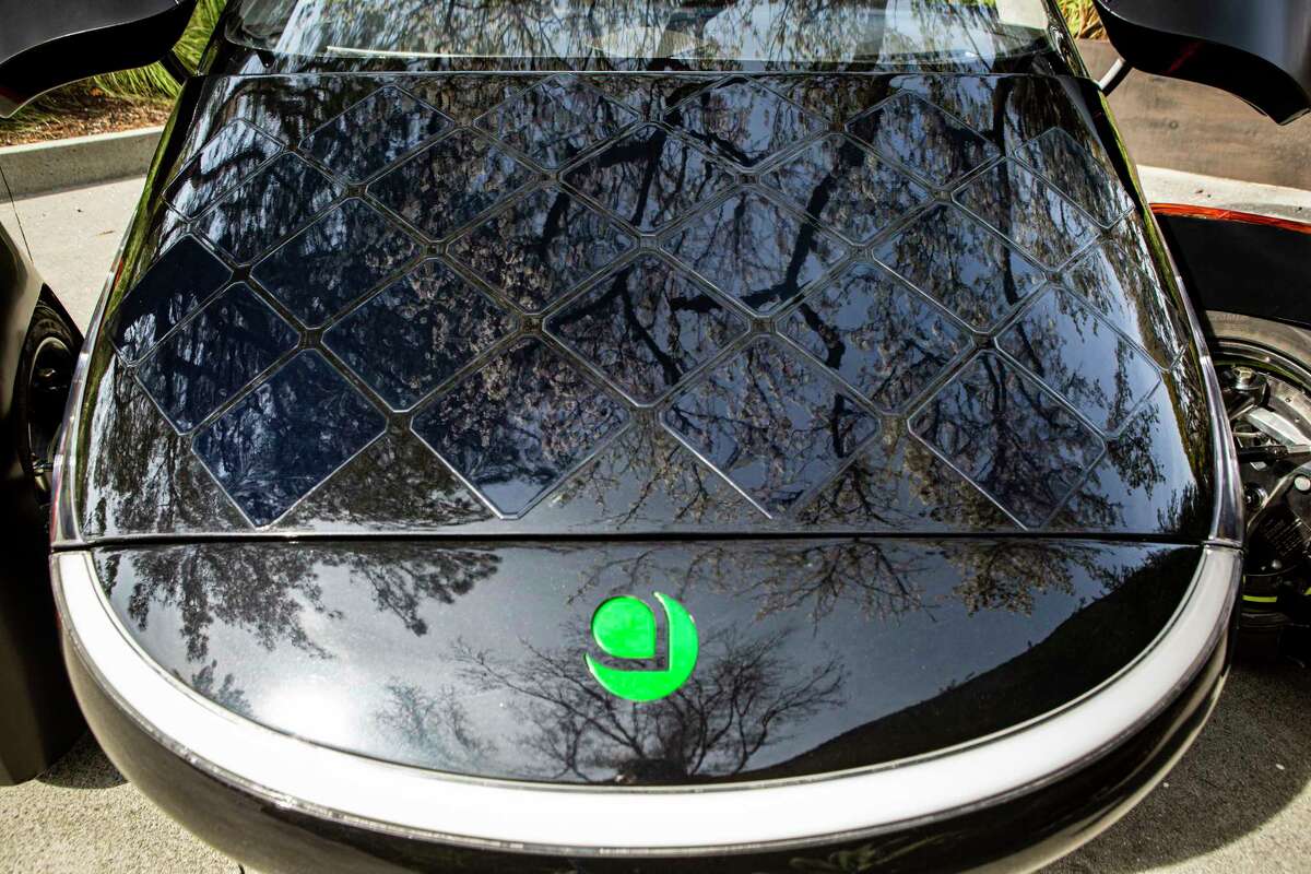 Solar cells cover the hood of the new Aptera solar electric vehicle.