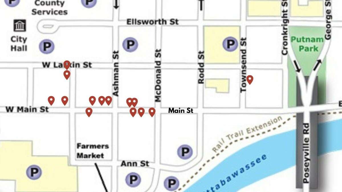 Shown is a map of participating businesses (indicated in red) for the Meet Your Merchants day on Saturday, March 20.