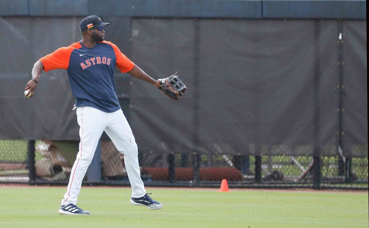 Houston Astros outfielder Yordan Alvarez (44) throws during spring training workouts for the Astros at Ballpark of the Palm Beaches in West Palm Beach, Florida, Friday, February 26, 2021.