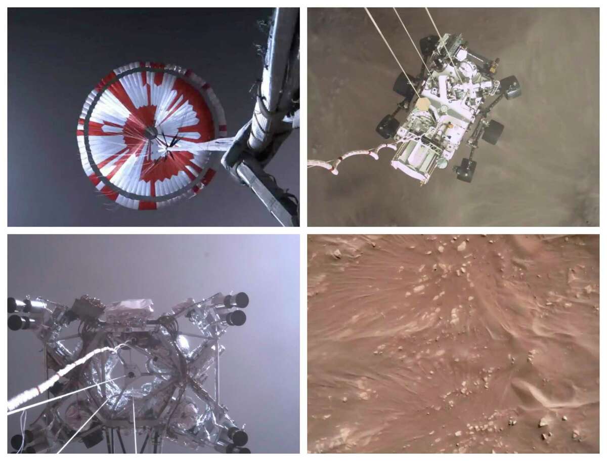 This combination of images from video made available by NASA shows steps in the descent of the Mars Perseverance rover as it approaches the surface of the planet. The flight of Perseverance represented a search for knowledge — a wondrous journey of discovery and enlightenment.
